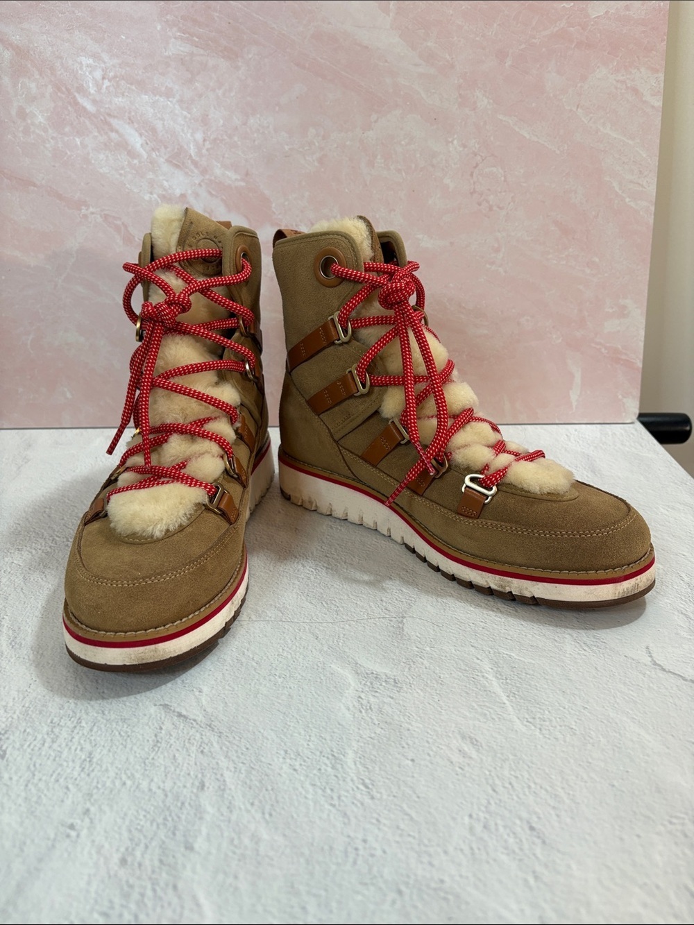 Cole Haan Tan Suede Shearling-Trim Winter Hiker Boots with Red Laces